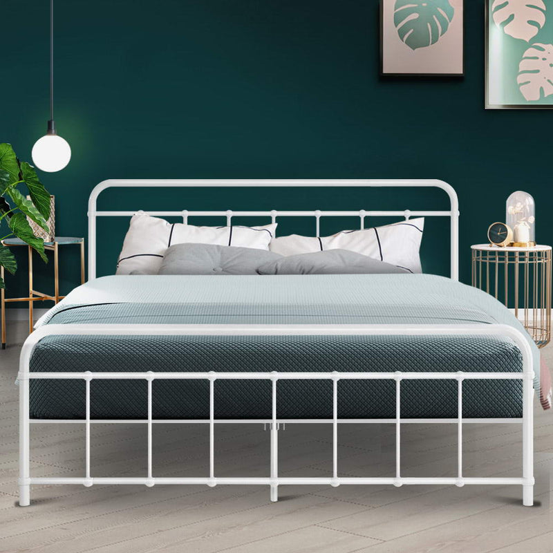 Metal Bed Frame Queen Size Platform Foundation Mattress Base Leo White