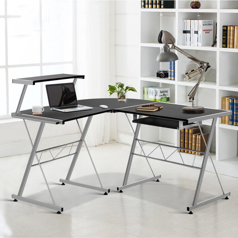 Corner Metal Pull Out Table Desk - Black