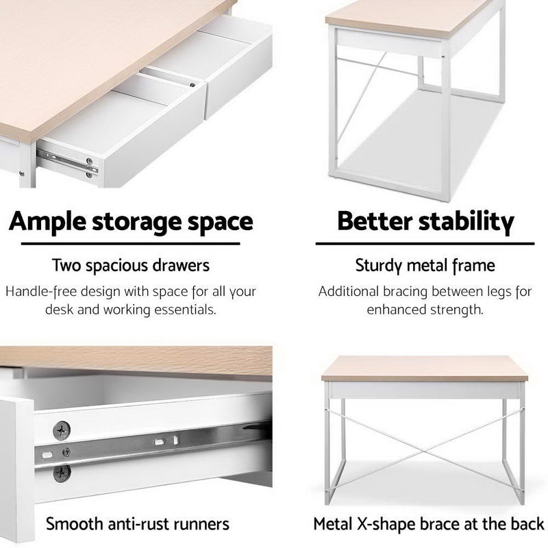 Metal Desk with Drawer - White with Wooden Top