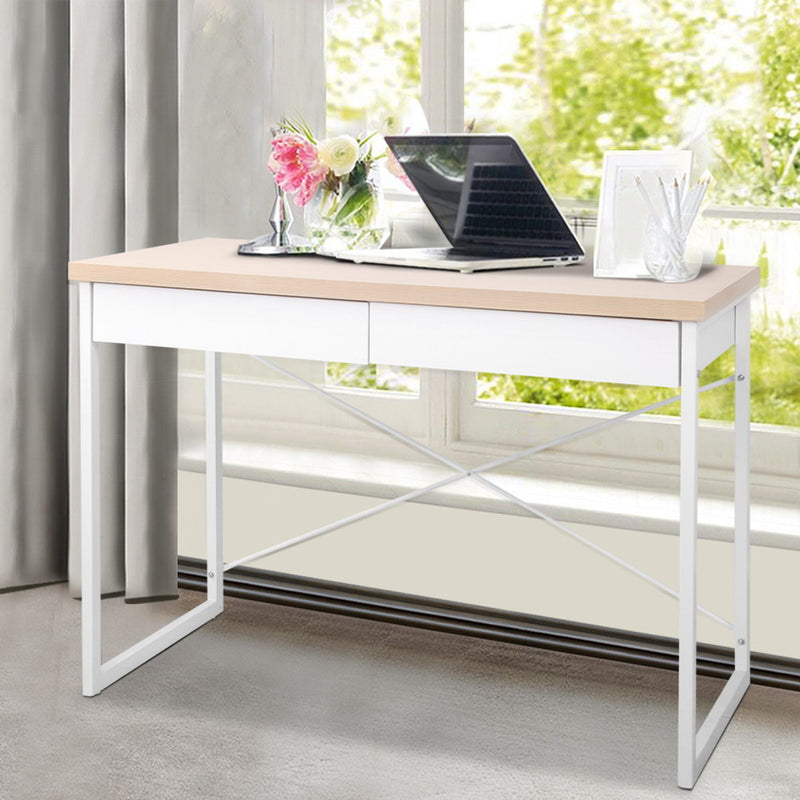 Metal Desk with Drawer - White with Wooden Top