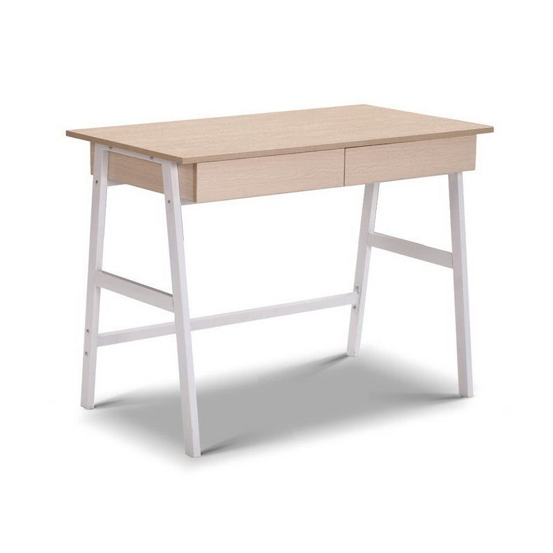 Metal Desk with Drawer - White with Oak Top