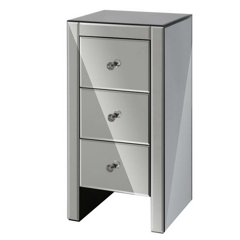 Mirrored Bedside Tables Drawers Crystal Chest Nightstand Glass Grey