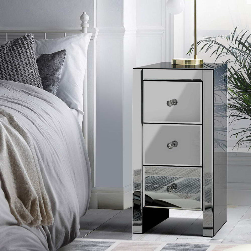 Mirrored Bedside Tables Drawers Crystal Chest Nightstand Glass Grey