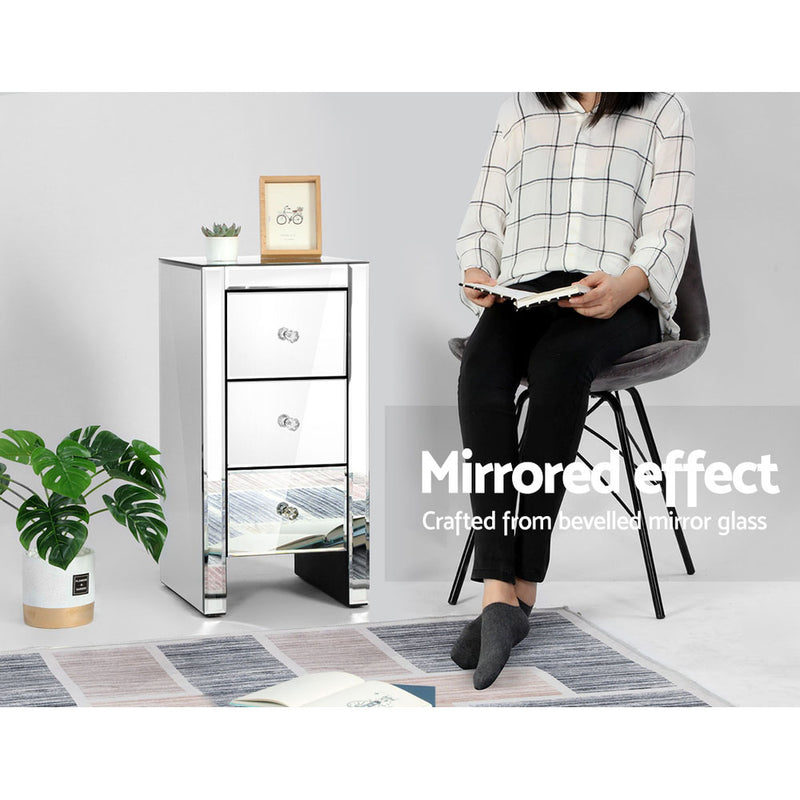 Mirrored Bedside table Drawers Furniture Mirror Glass Quenn Silver