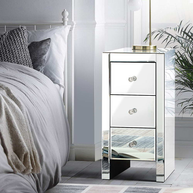 Mirrored Bedside table Drawers Furniture Mirror Glass Quenn Silver