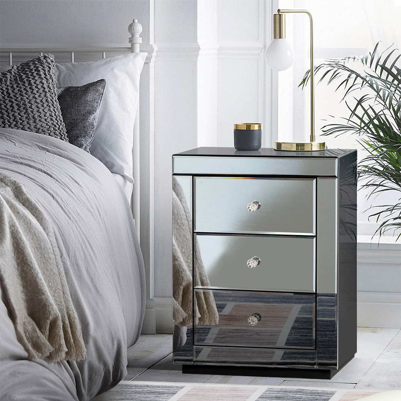 Mirrored Bedside table Drawers Furniture Mirror Glass Presia Smoky Grey