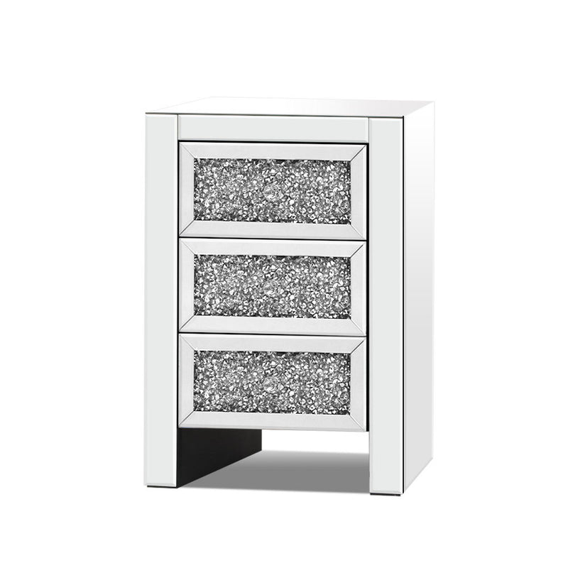 Bedside Table Nightstand Side End Tables Storage 3 Drawers Mirrored Glass Furniture