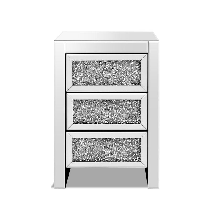 Bedside Table Nightstand Side End Tables Storage 3 Drawers Mirrored Glass Furniture