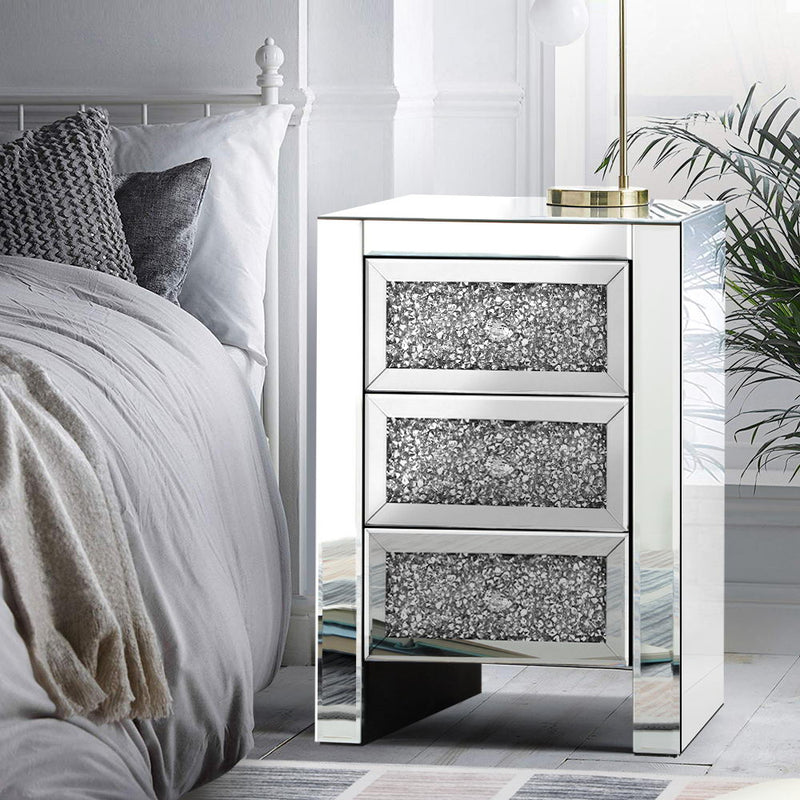 Bedside Table Nightstand Side End Tables Storage 3 Drawers Mirrored Glass Furniture