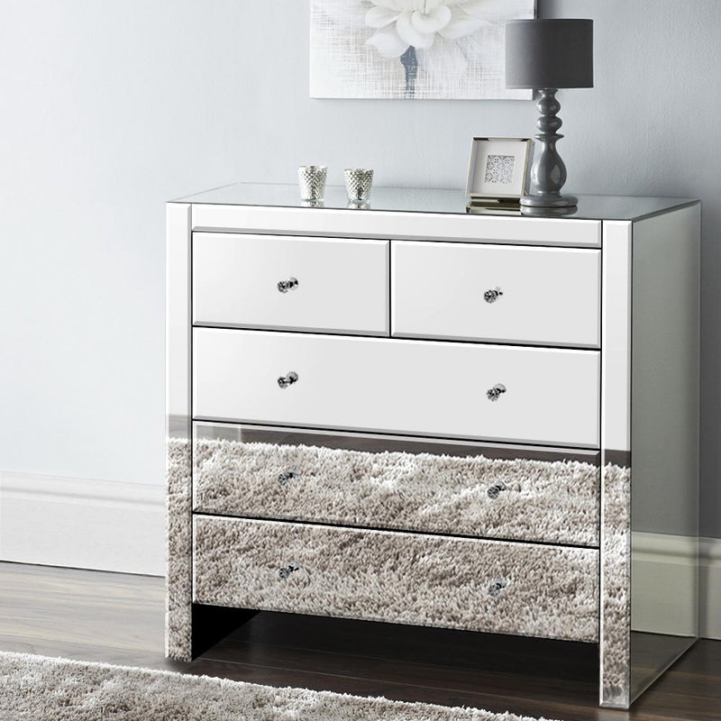 Chest of Drawers Tallboy Dresser Table Mirrored 5 Drawers Storage Cabinet