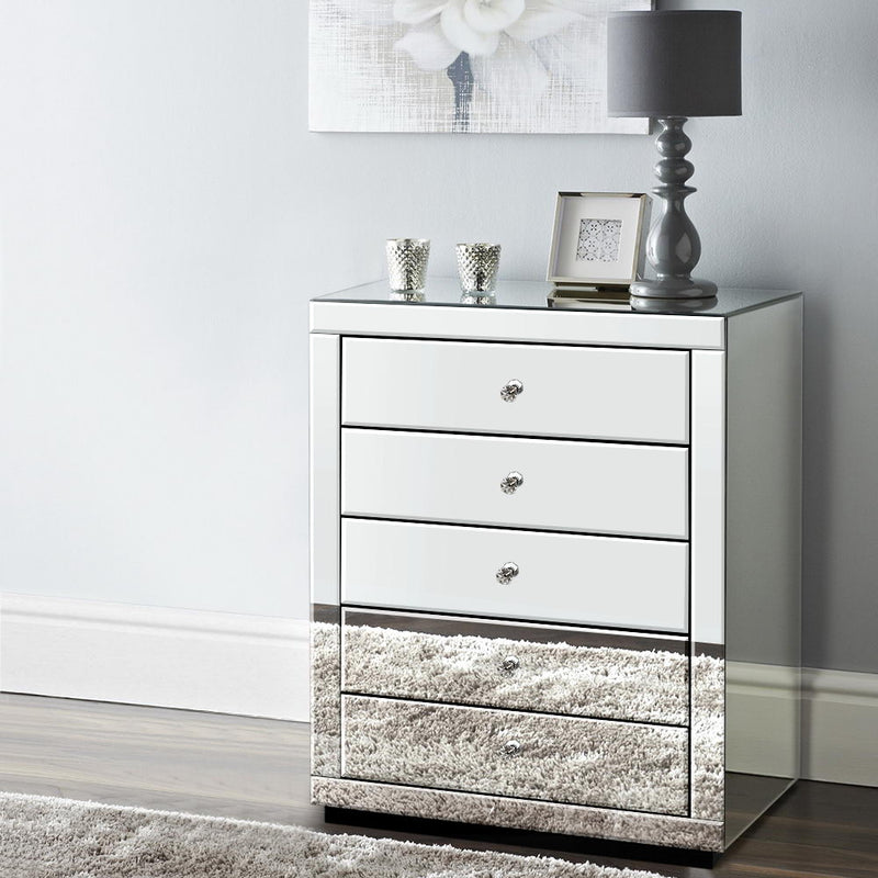 Chest of Drawers Mirrored Tallboy 5 Drawers Dresser Table Storage Cabinet