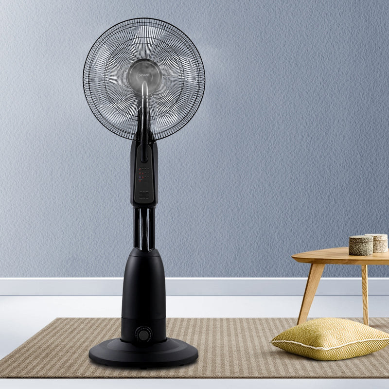 Devanti Mist Fan Pedestal Fans Cool Water Spray Timer Remote 5 Blades Black