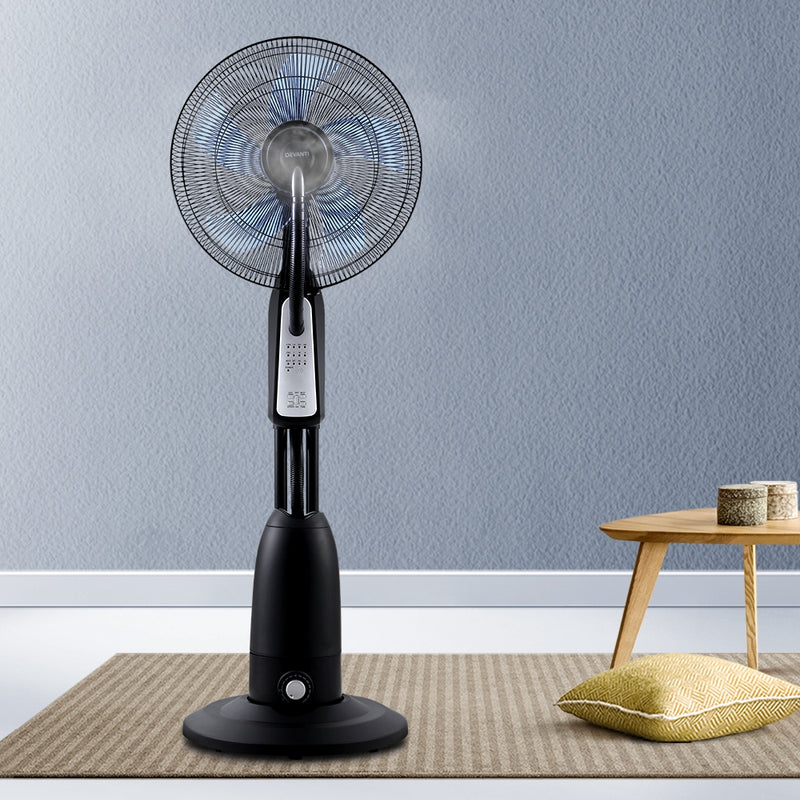 Devanti Mist Fan Pedestal Fans Cool Water Spray Timer Remote 5 Blades Black and Silver