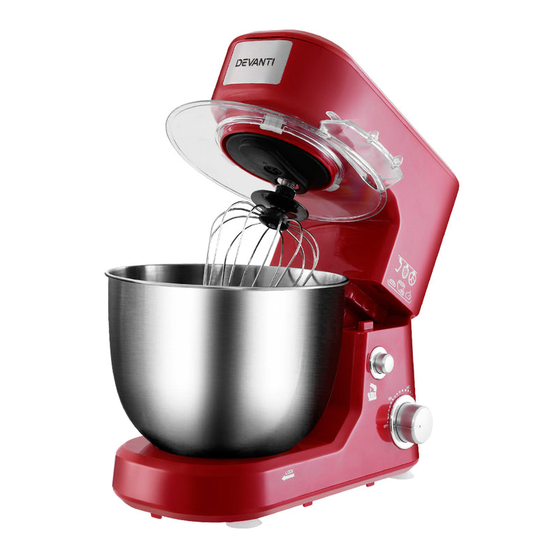 Devanti Electric Stand Mixer 1200W Kitche Beater Cake Aid Whisk Bowl Hook Red