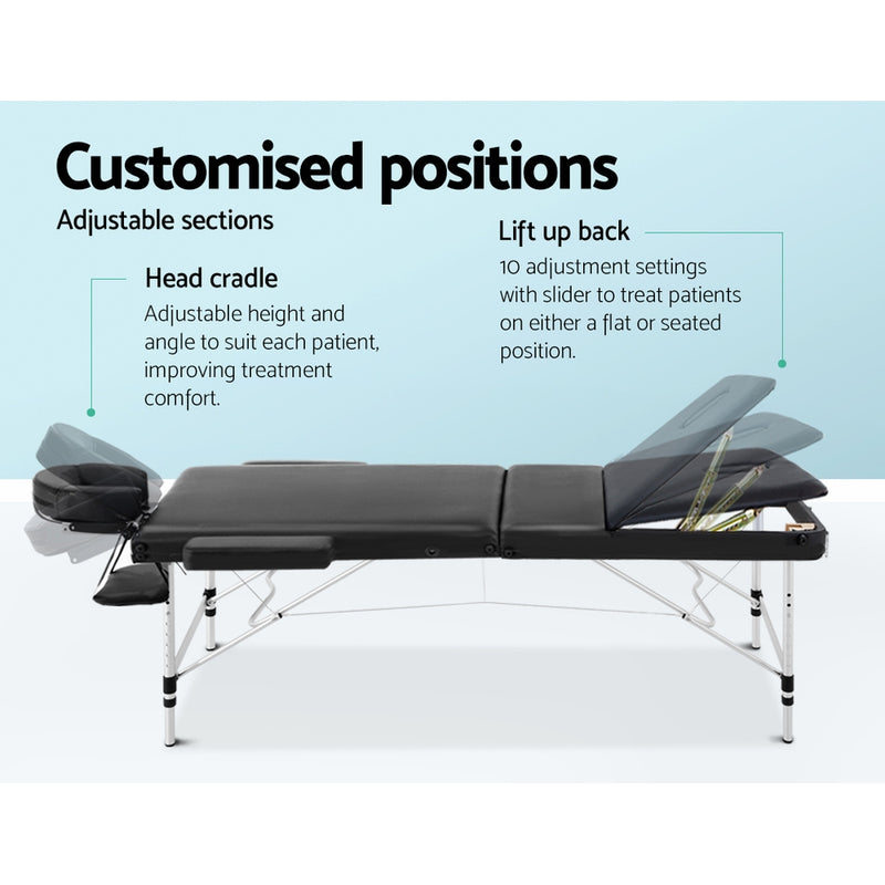 Zenses 3 Fold Portable Aluminium Massage Table - Black