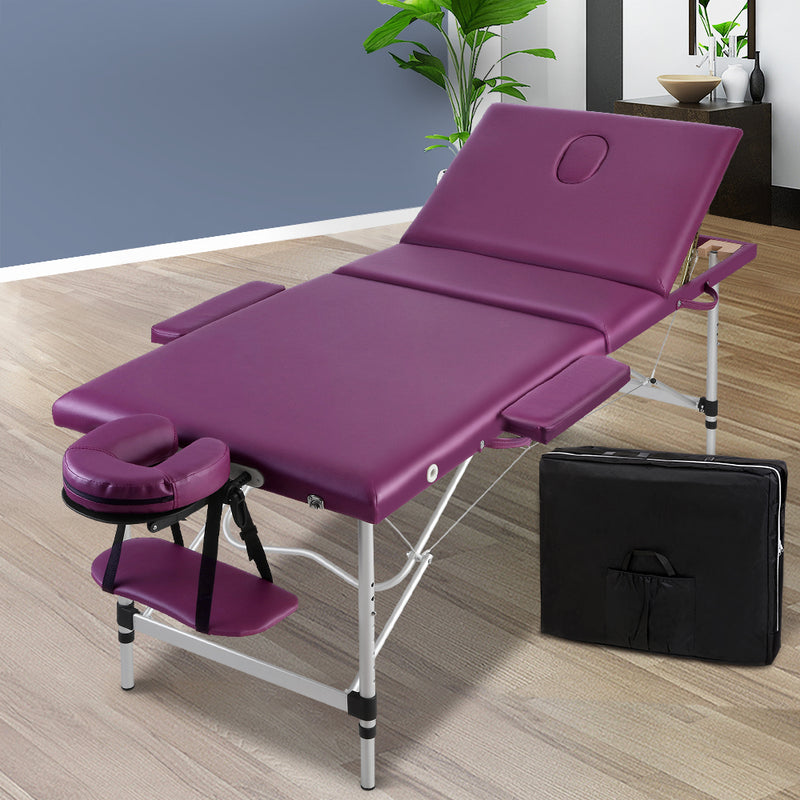 Zenses 3 Fold Portable Aluminium Massage Table Massage Bed Beauty Therapy Purple 75cm