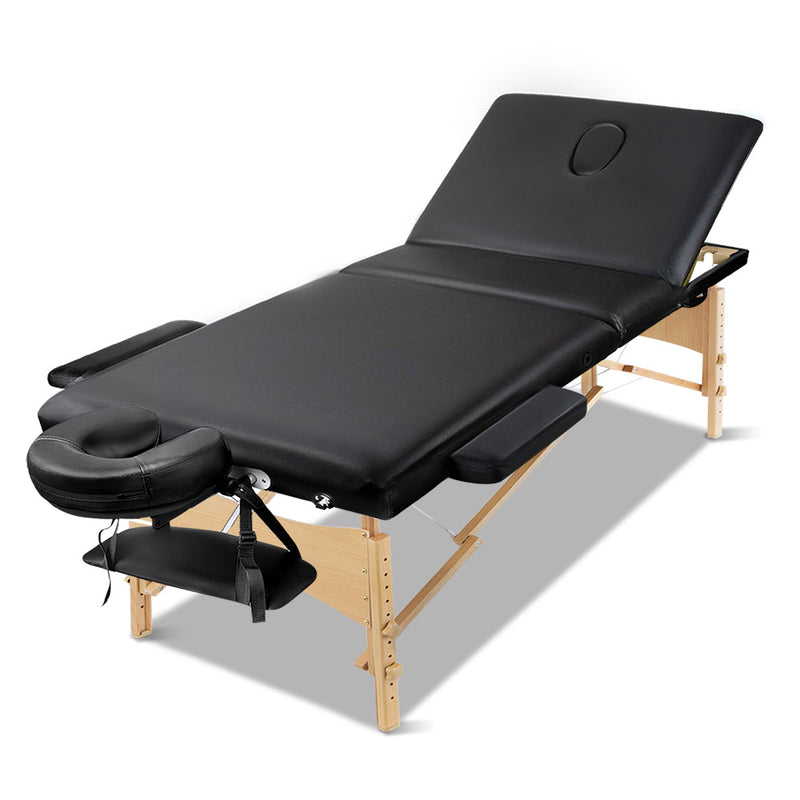 Zenses 60cm Wide Portable Wooden Massage Table 3 Fold Treatment Beauty Therapy Black