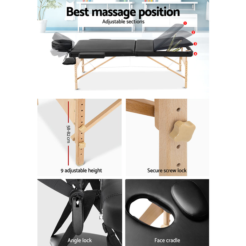 Zenses 3 Fold Portable Wood Massage Table - Black