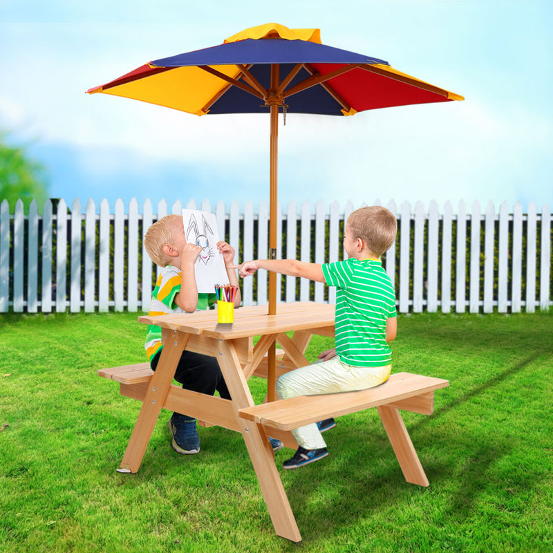 Kids Wooden Picnic Table Set with Umbrella