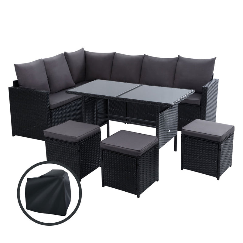 Outdoor Furniture Dining Setting Sofa Set Wicker 9 Seater Storage Cover Black