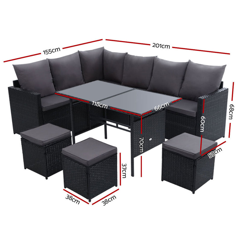 Outdoor Furniture Dining Setting Sofa Set Wicker 9 Seater Storage Cover Black