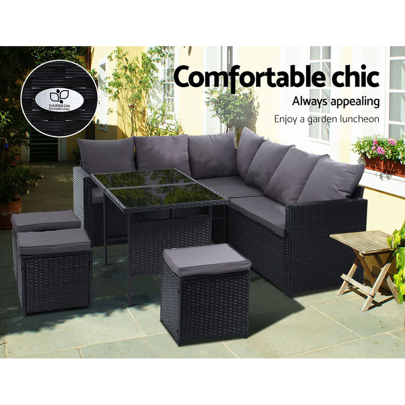 Outdoor Furniture Dining Setting Sofa Set Wicker 9 Seater Storage Cover Black