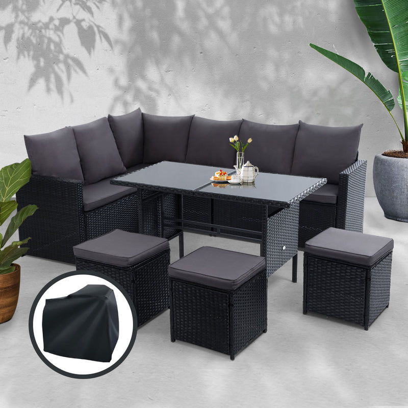 Outdoor Furniture Dining Setting Sofa Set Wicker 9 Seater Storage Cover Black