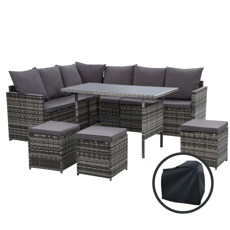 Outdoor Furniture Dining Setting Sofa Set Wicker 9 Seater Storage Cover Mixed Grey