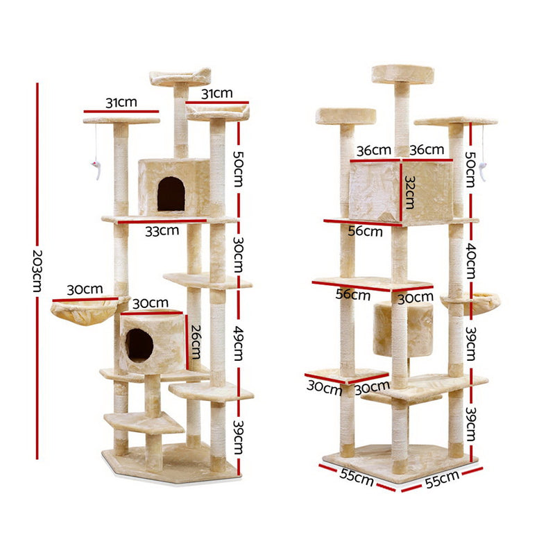 i.Pet Cat Tree 203cm Trees Scratching Post Scratcher Tower Condo House Furniture Wood Beige