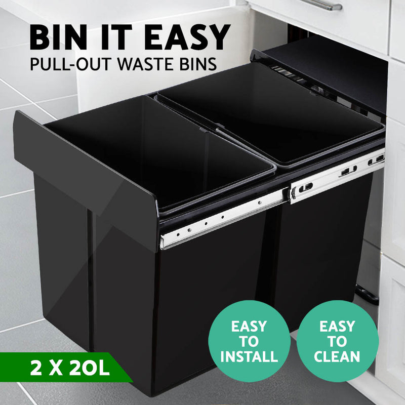 2x20L Pull Out Bin - Black