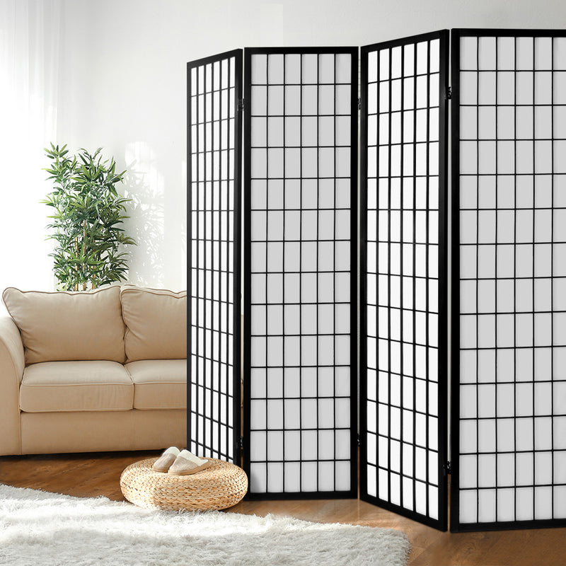 4 Panel Wooden Room Divider - Black