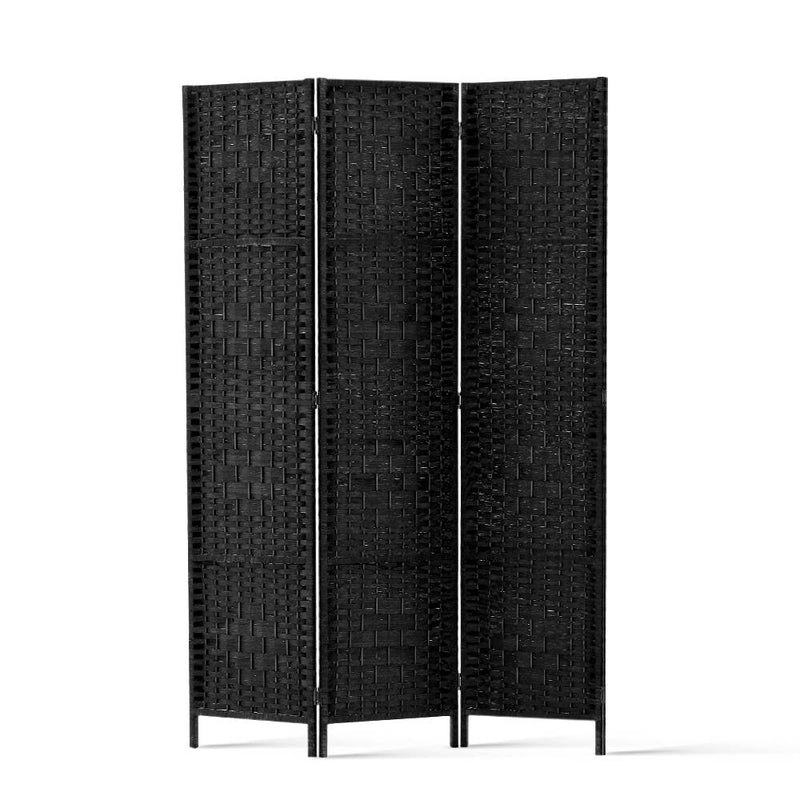 3 Panel Room Divider Privacy Screen Rattan Woven Wood Stand Black