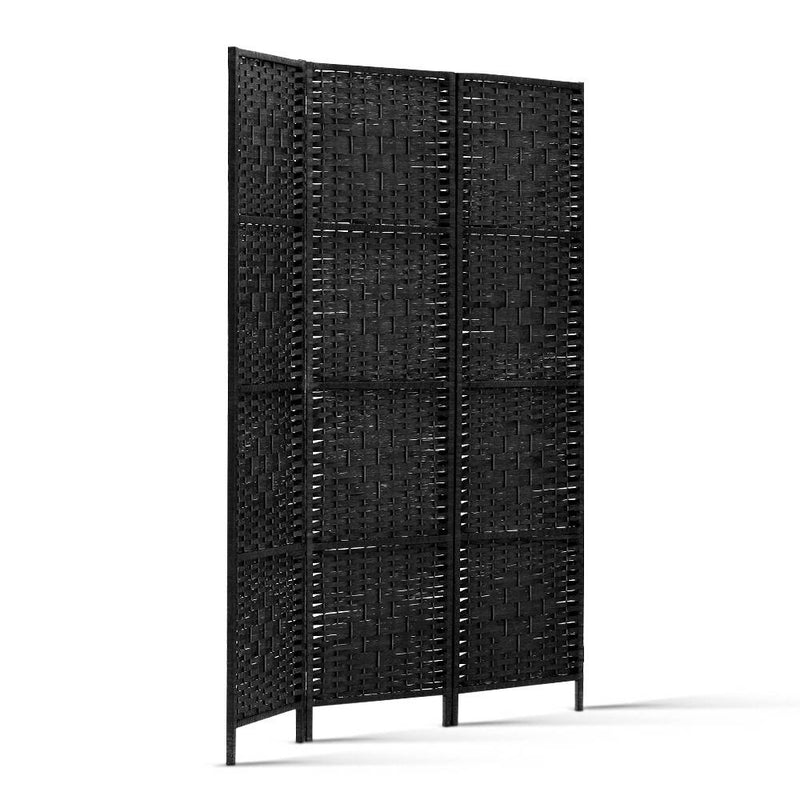 3 Panel Room Divider Privacy Screen Rattan Woven Wood Stand Black