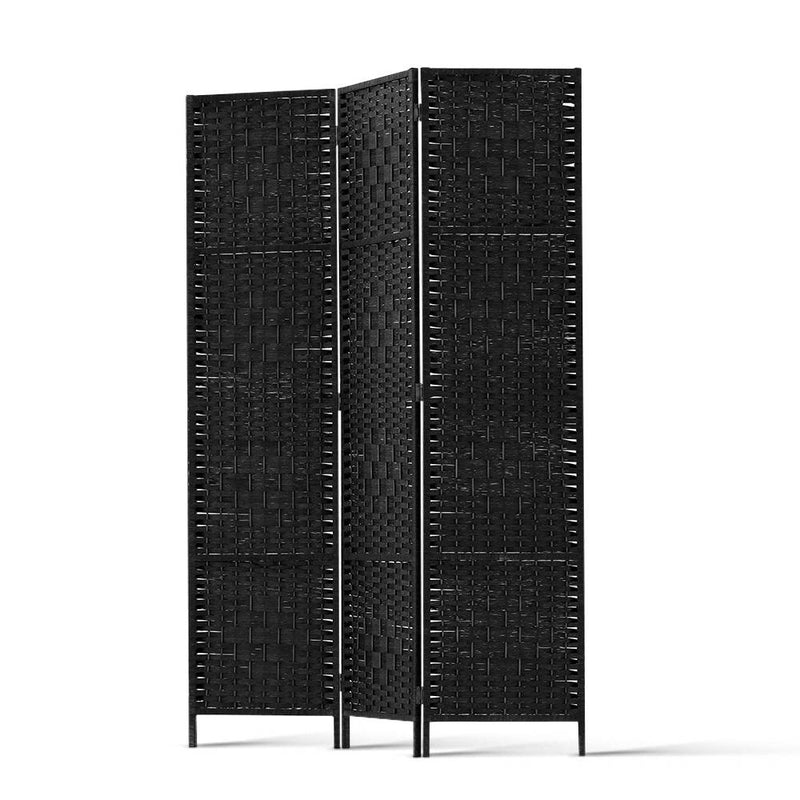 3 Panel Room Divider Privacy Screen Rattan Woven Wood Stand Black