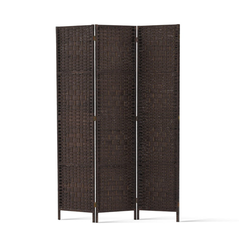 3 Panel Room Divider Privacy Screen Rattan Woven Wood Stand Brown