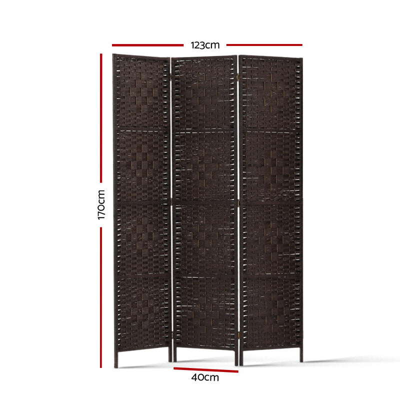 3 Panel Room Divider Privacy Screen Rattan Woven Wood Stand Brown