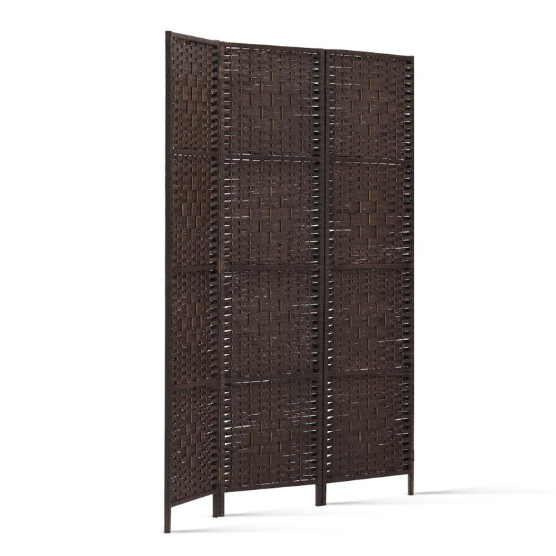 3 Panel Room Divider Privacy Screen Rattan Woven Wood Stand Brown