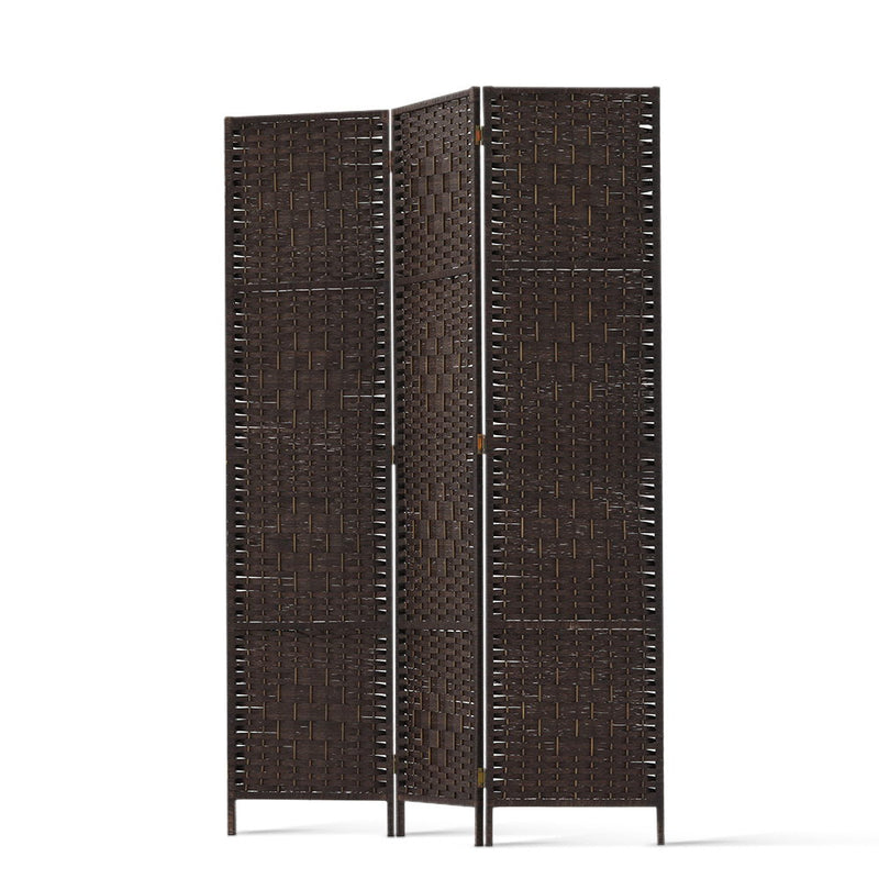 3 Panel Room Divider Privacy Screen Rattan Woven Wood Stand Brown