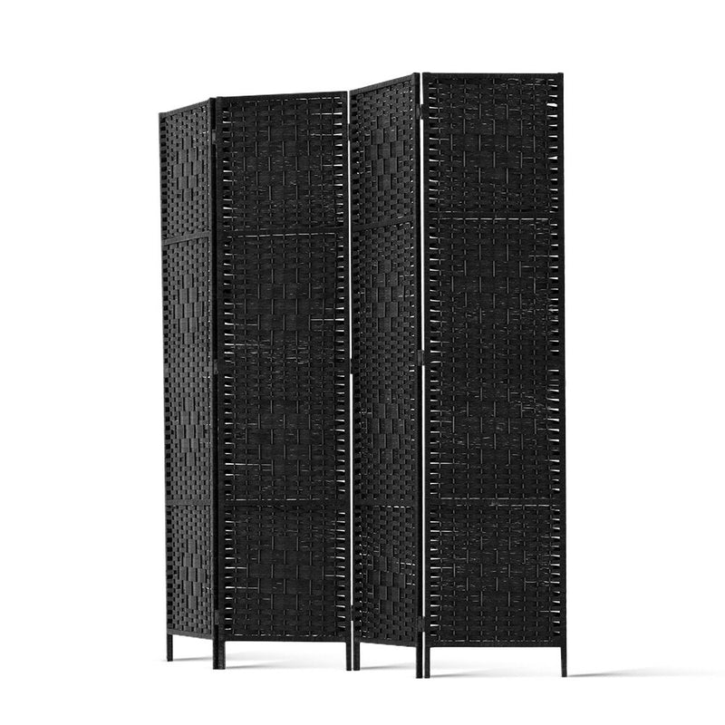 4 Panel Room Divider Privacy Screen Rattan Woven Wood Stand Black