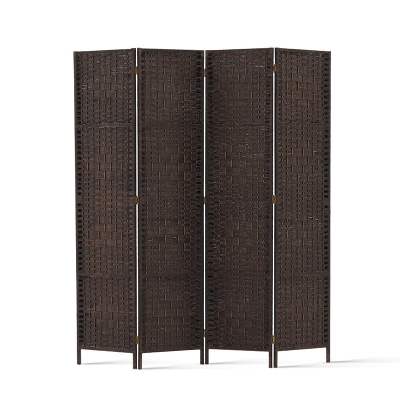 4 Panel Room Divider Privacy Screen Rattan Woven Wood Stand Brown