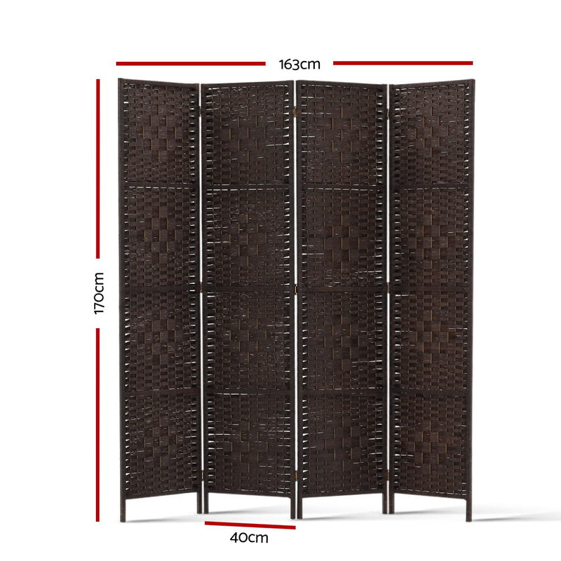 4 Panel Room Divider Privacy Screen Rattan Woven Wood Stand Brown