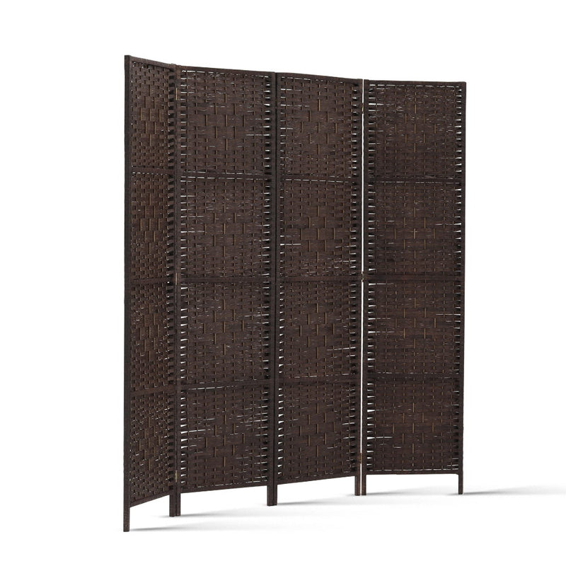 4 Panel Room Divider Privacy Screen Rattan Woven Wood Stand Brown