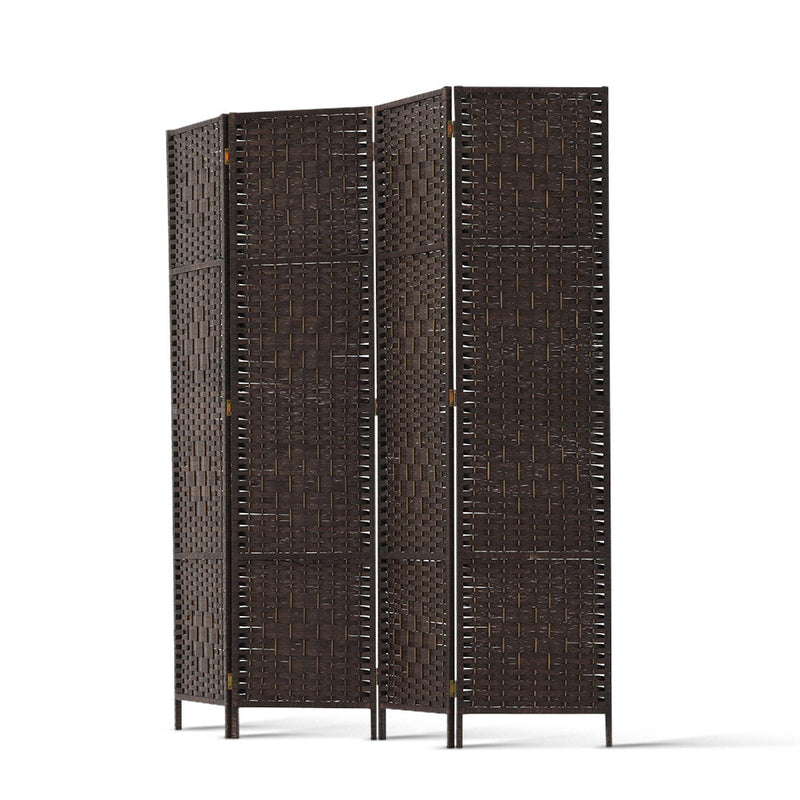 4 Panel Room Divider Privacy Screen Rattan Woven Wood Stand Brown