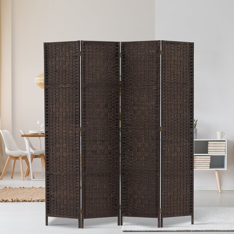 4 Panel Room Divider Privacy Screen Rattan Woven Wood Stand Brown