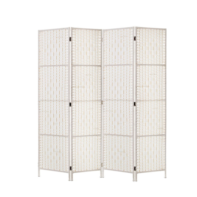 4 Panels Room Divider Screen Privacy Rattan Timber Fold Woven Stand White