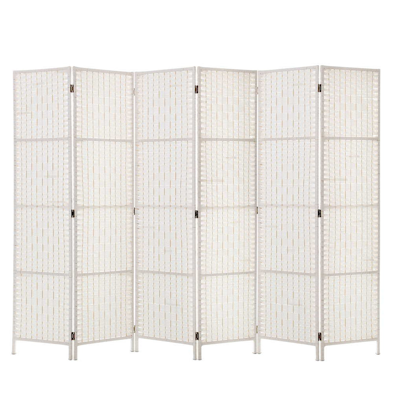 6 Panel Room Divider Privacy Screen Rattan Timber Fold Woven Stand White