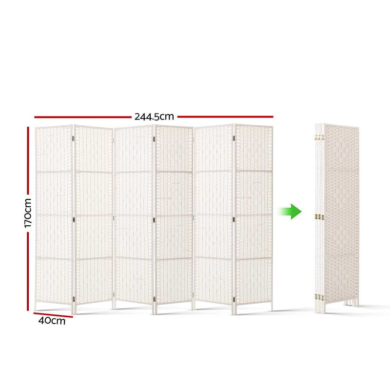 6 Panel Room Divider Privacy Screen Rattan Timber Fold Woven Stand White