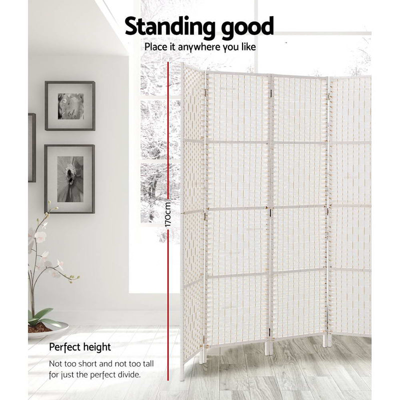 6 Panel Room Divider Privacy Screen Rattan Timber Fold Woven Stand White