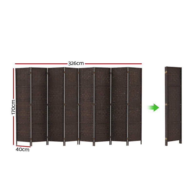 Room Divider 8 Panel Dividers Privacy Screen Rattan Wooden Stand Brown