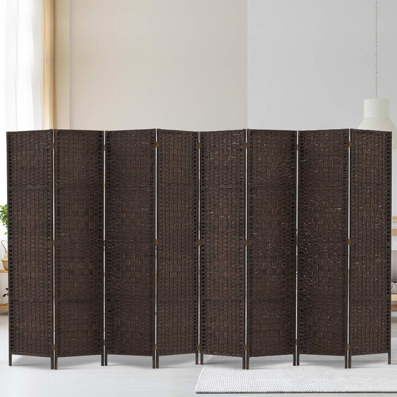 Room Divider 8 Panel Dividers Privacy Screen Rattan Wooden Stand Brown